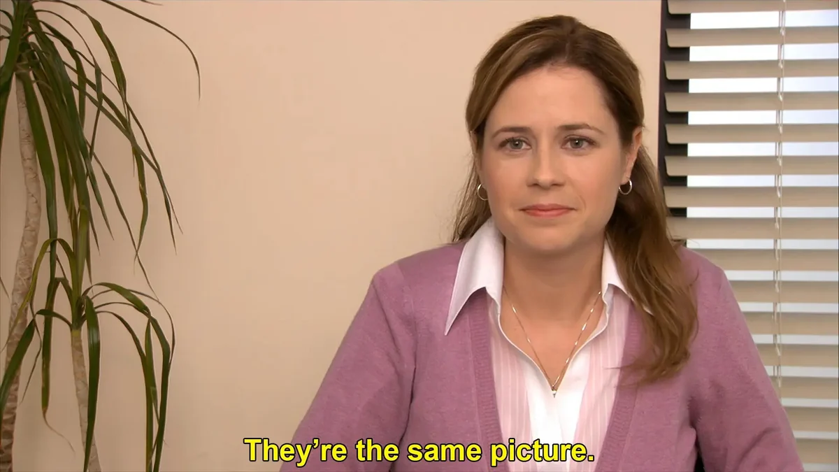 Pam looks back at the camera, deadpan. Caption: “They’re the same picture.”